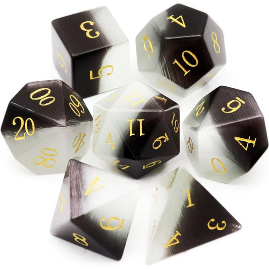 Gemstone: Black White Cat Eye Gold Numbers Dice Set-0