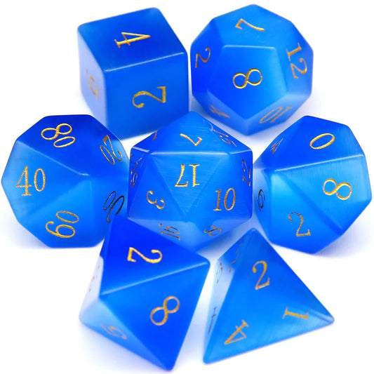 Gemstone: Blue Cat Eye Gold Numbers Dice Set-0