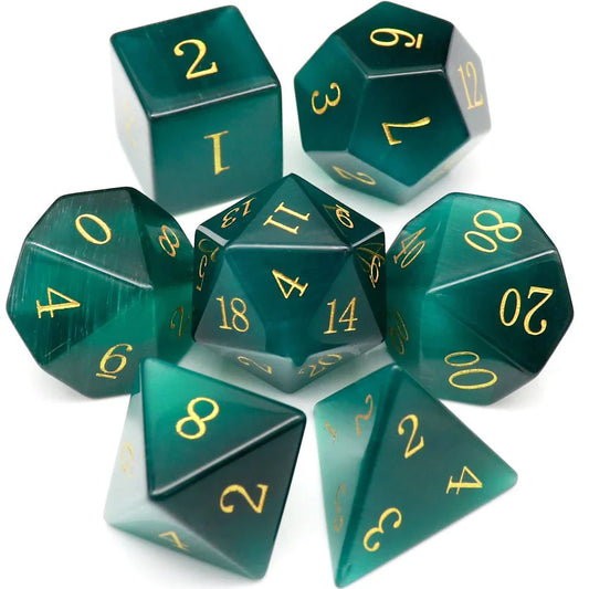 Gemstone: Green Cat Eye Gold Numbers Dice Set-0