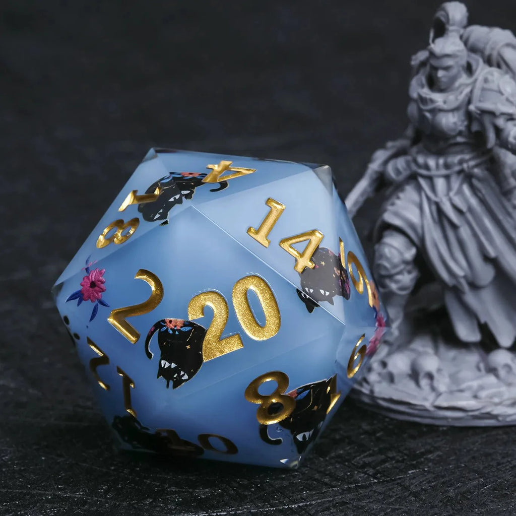 Giant D20 Dice (Black Cat Gold Lettering) 35mm Resin RPG Monster Dice