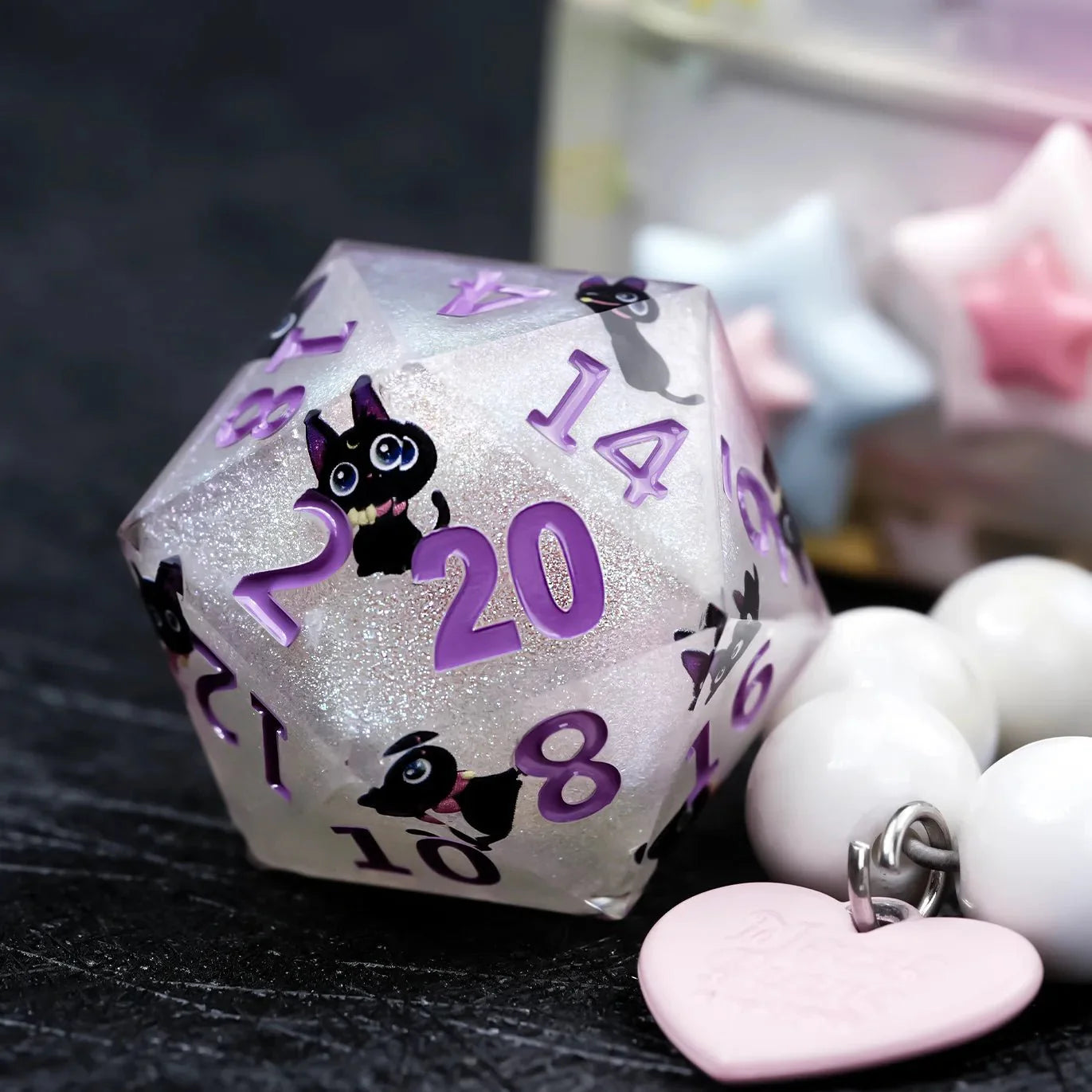 Giant D20 Dice (Purple Numbers) Black Cat Resin 35mm RPG Dice