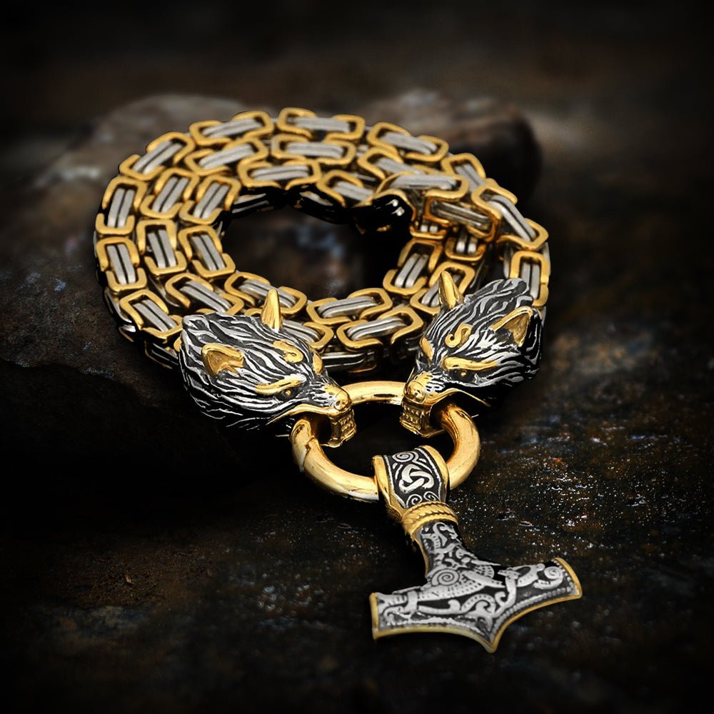 Collier Viking Mjolnir avec marteau de Thor à tête de loup | Chaîne en Or et Acier