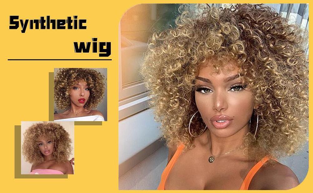 Glorious Afro Wigs Short Kinky Curly Wig Synthetic Short Bob Wig With Bangs Mixed Highlight Wig for Black Women Cosplay Wigs For Black Women Gifts for Girlfriends