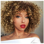 Glorious Afro Wigs Short Kinky Curly Wig Synthetic Short Bob Wig With Bangs Mixed Highlight Wig for Black Women Cosplay Wigs For Black Women Gifts for Girlfriends
