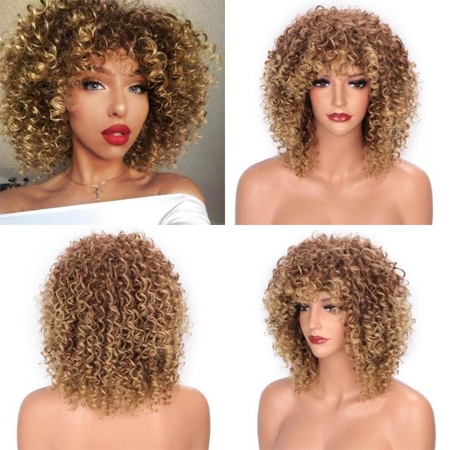 Glorious Afro Wigs Short Kinky Curly Wig Synthetic Short Bob Wig With Bangs Mixed Highlight Wig for Black Women Cosplay Wigs For Black Women Gifts for Girlfriends