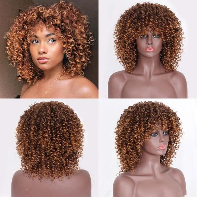 Glorious Afro Wigs Short Kinky Curly Wig Synthetic Short Bob Wig With Bangs Mixed Highlight Wig for Black Women Cosplay Wigs For Black Women Gifts for Girlfriends
