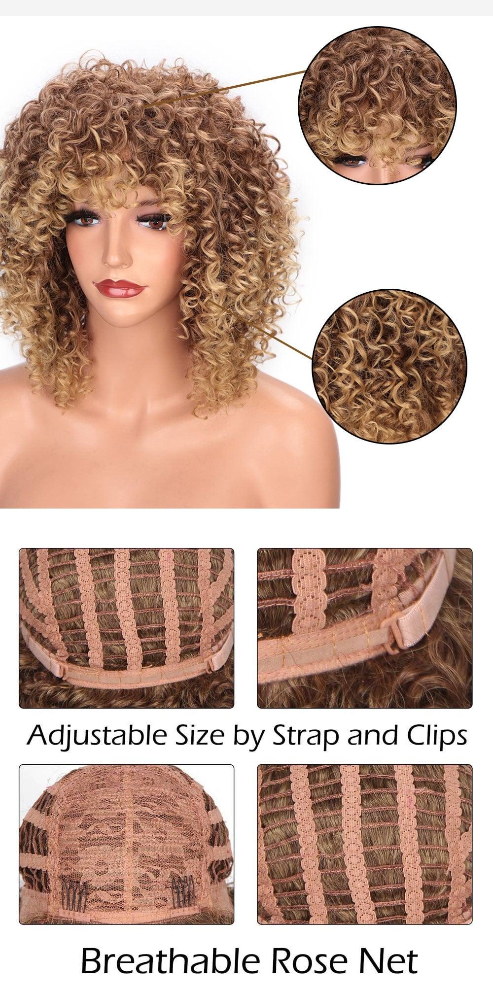 Glorious Afro Wigs Short Kinky Curly Wig Synthetic Short Bob Wig With Bangs Mixed Highlight Wig for Black Women Cosplay Wigs For Black Women Gifts for Girlfriends