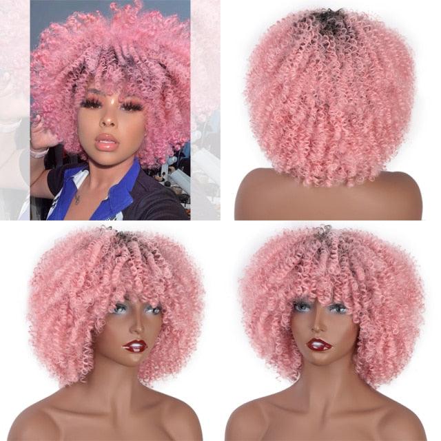 Glorious Afro Wigs Short Kinky Curly Wig Synthetic Short Bob Wig With Bangs Mixed Highlight Wig for Black Women Cosplay Wigs For Black Women Gifts for Girlfriends