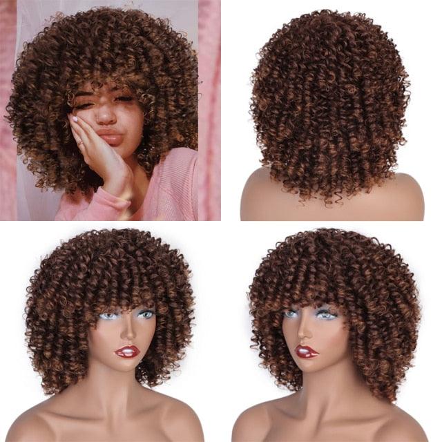 Glorious Afro Wigs Short Kinky Curly Wig Synthetic Short Bob Wig With Bangs Mixed Highlight Wig for Black Women Cosplay Wigs For Black Women Gifts for Girlfriends