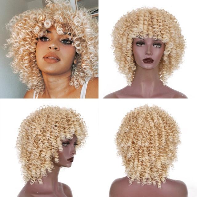 Glorious Afro Wigs Short Kinky Curly Wig Synthetic Short Bob Wig With Bangs Mixed Highlight Wig for Black Women Cosplay Wigs For Black Women Gifts for Girlfriends