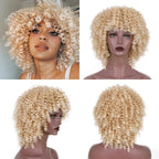 Glorious Afro Wigs Short Kinky Curly Wig Synthetic Short Bob Wig With Bangs Mixed Highlight Wig for Black Women Cosplay Wigs For Black Women Gifts for Girlfriends