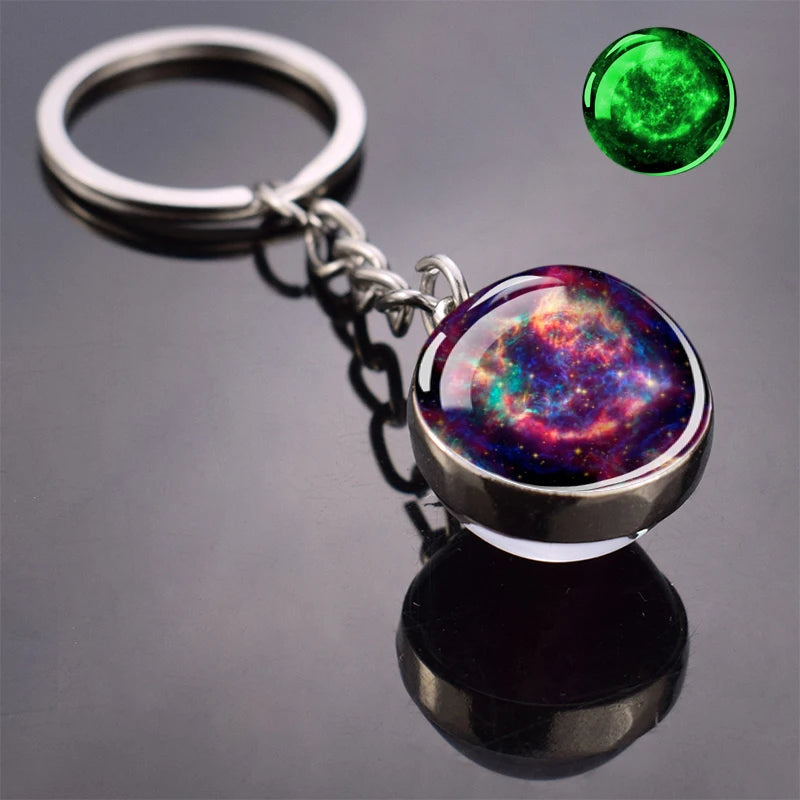 Glow In The Dark Multicolor Planet Galaxy Keychain Universe Key Chain Outer Space Astronomical Jewelry Glass Ball Keyring