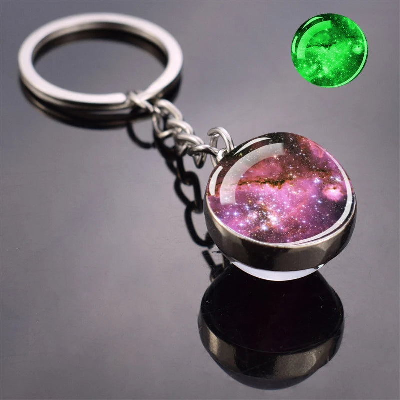 Glow In The Dark Multicolor Planet Galaxy Keychain Universe Key Chain Outer Space Astronomical Jewelry Glass Ball Keyring