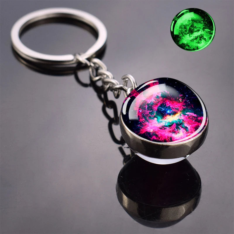 Glow In The Dark Multicolor Planet Galaxy Keychain Universe Key Chain Outer Space Astronomical Jewelry Glass Ball Keyring