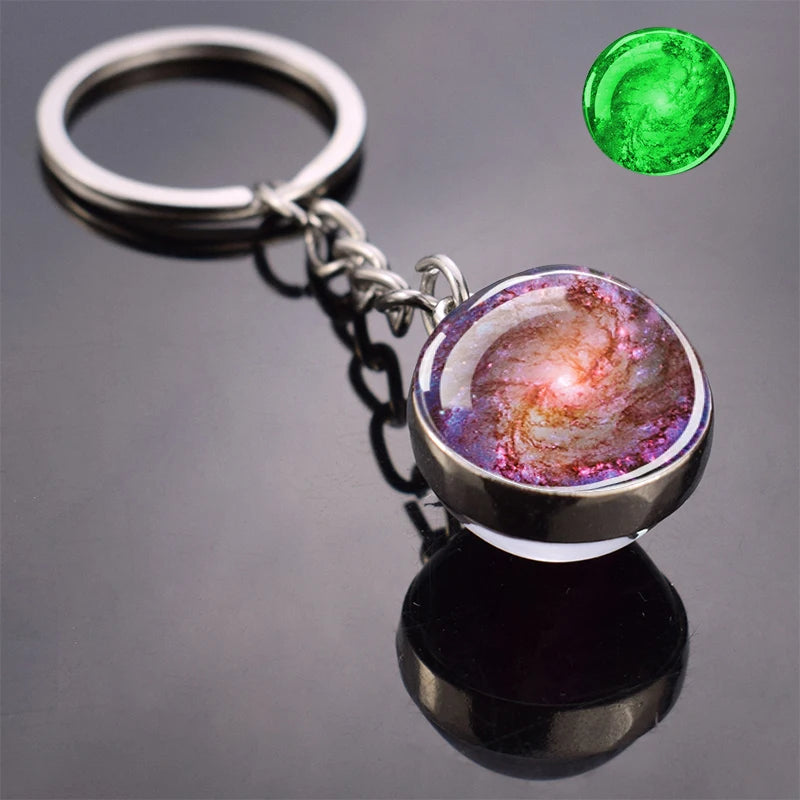 Glow In The Dark Multicolor Planet Galaxy Keychain Universe Key Chain Outer Space Astronomical Jewelry Glass Ball Keyring