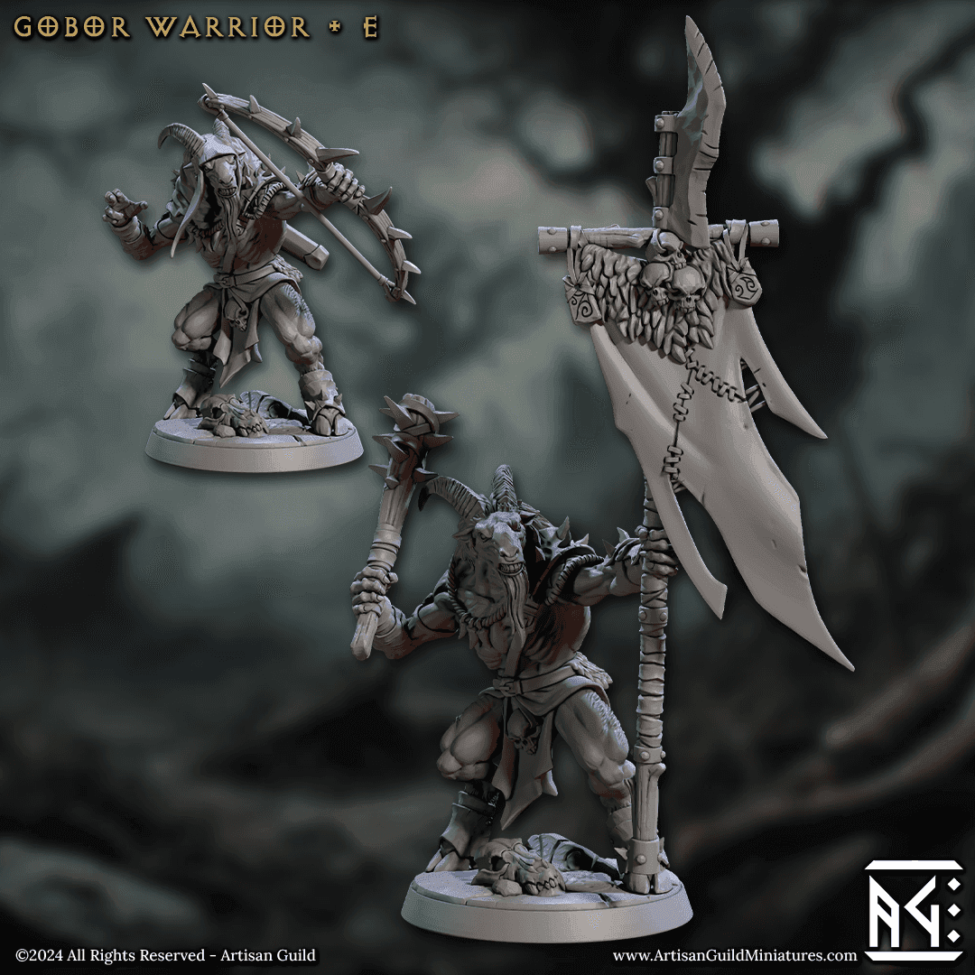 Gobor Warrior - Sculpt E (Male Capra Fighter) - With Helmet / Banner / Spiked Club