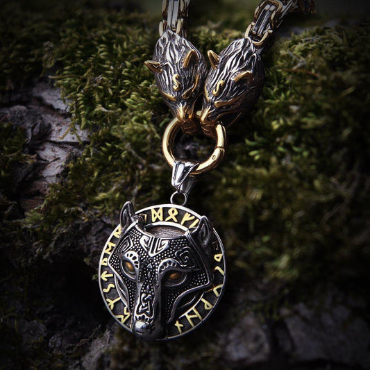 Collier de chaîne d'Odin avec médaillon de loup Fenrir | Bijoux Viking en Or et Acier