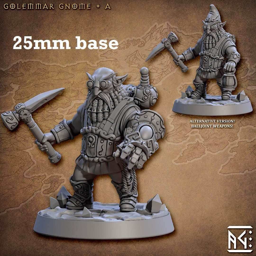 Golemmar Gnome: Sculpt A (Male Gnome Artificer) - No Hat w/ Steampunky Backpack / Steam Gauntlet / Hammer-Side Out