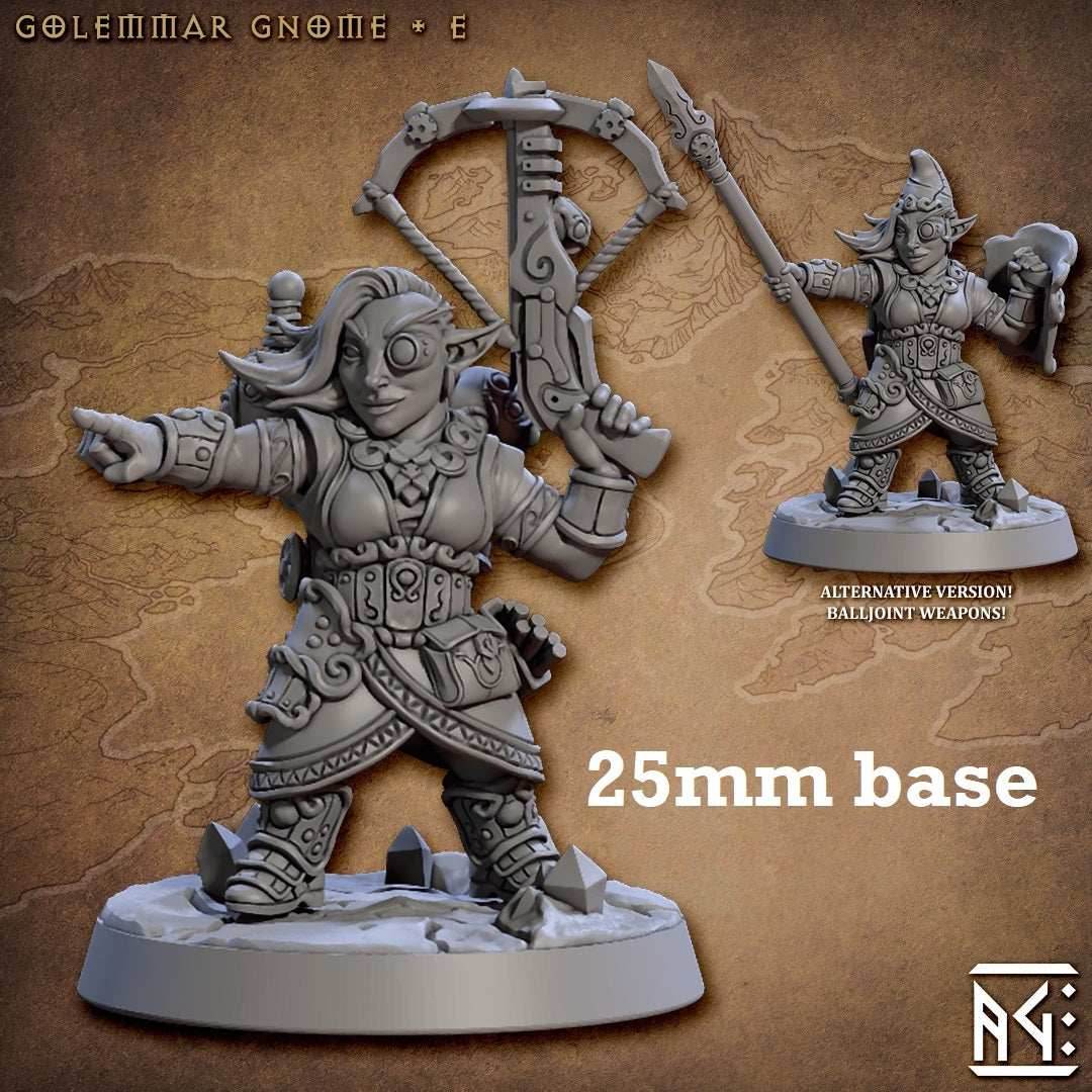 Golemmar Gnome: Sculpt E (Female Gnome Artificer) - No Hat w/ Steampunky Backpack / Steam Crossbow / Pointing Hand