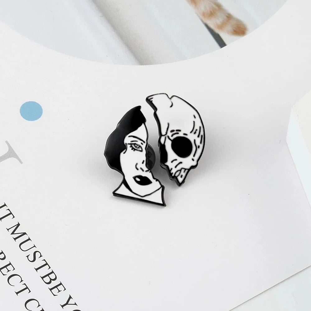 Gothic Skeleton Custom Brooches Enamel Personality Half Women Half Skull Lapel Pin Dark Humor Mystical Men Badge Clothes Jewelry