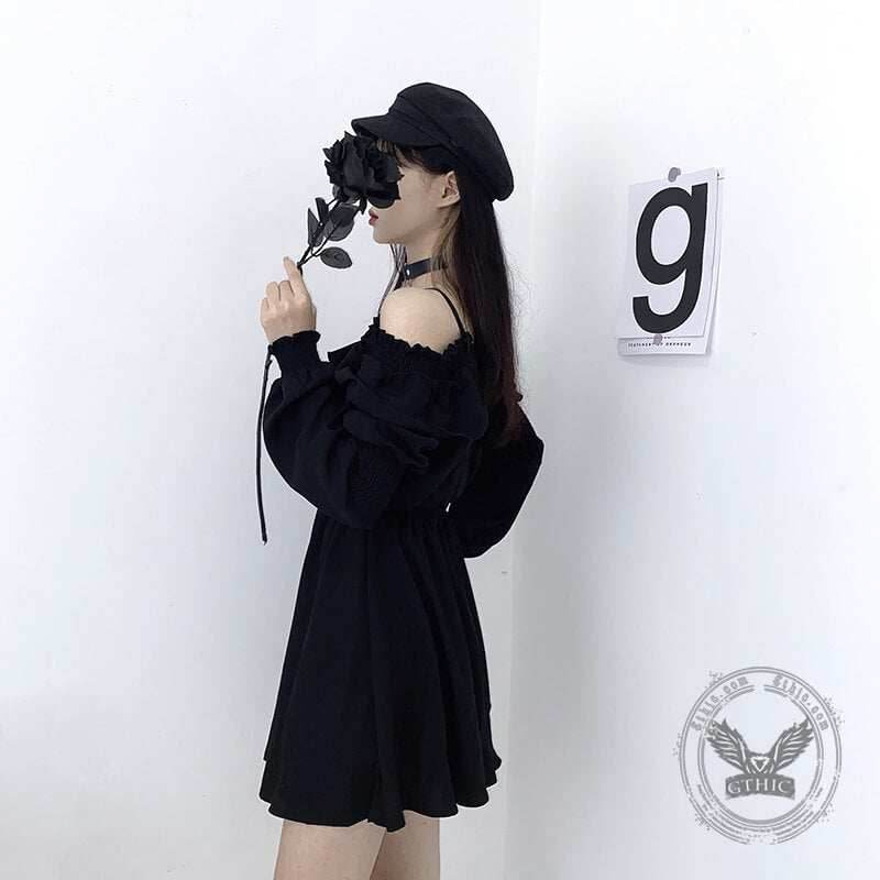 Gothic Black Off-Shoulder Lace Up Mini Dress - Black / M (Bust 100 cm)