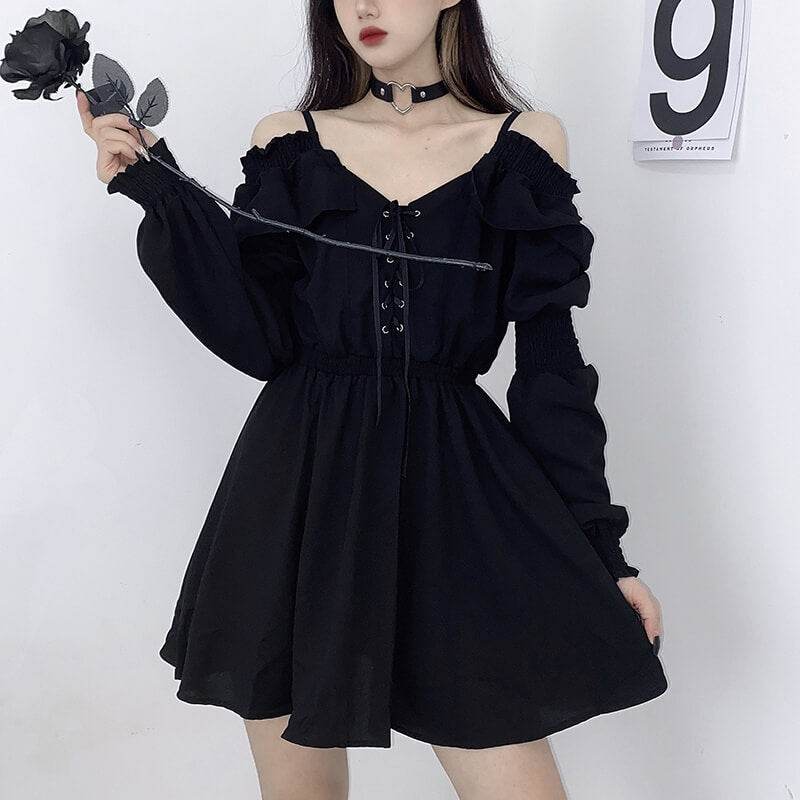 Gothic Black Off-Shoulder Lace Up Mini Dress - Black / M (Bust 100 cm)