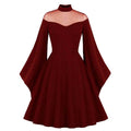 Gothic Mesh Patchwork Flared Sleeve Dress - Claret / S (Bust 88 cm)