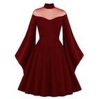 Gothic Mesh Patchwork Flared Sleeve Dress - Claret / S (Bust 88 cm)