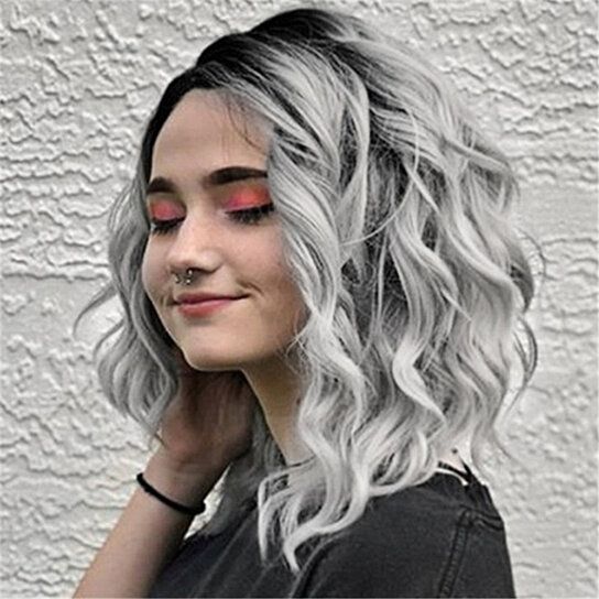 Gradient Gray Side Parting Curly Wig Women Shoulder Length Cosplay Hairpiece