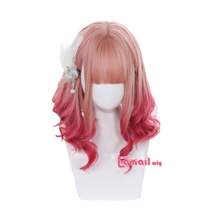 Gradient Pink Lolita Wigs Medium Loose Wave Sweet Harajuku Japanese Cosplay Wig Heat Resistant Synthetic Hair