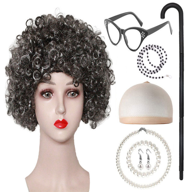 Grandma Curly Hair Gray Grandpa Wig Suit