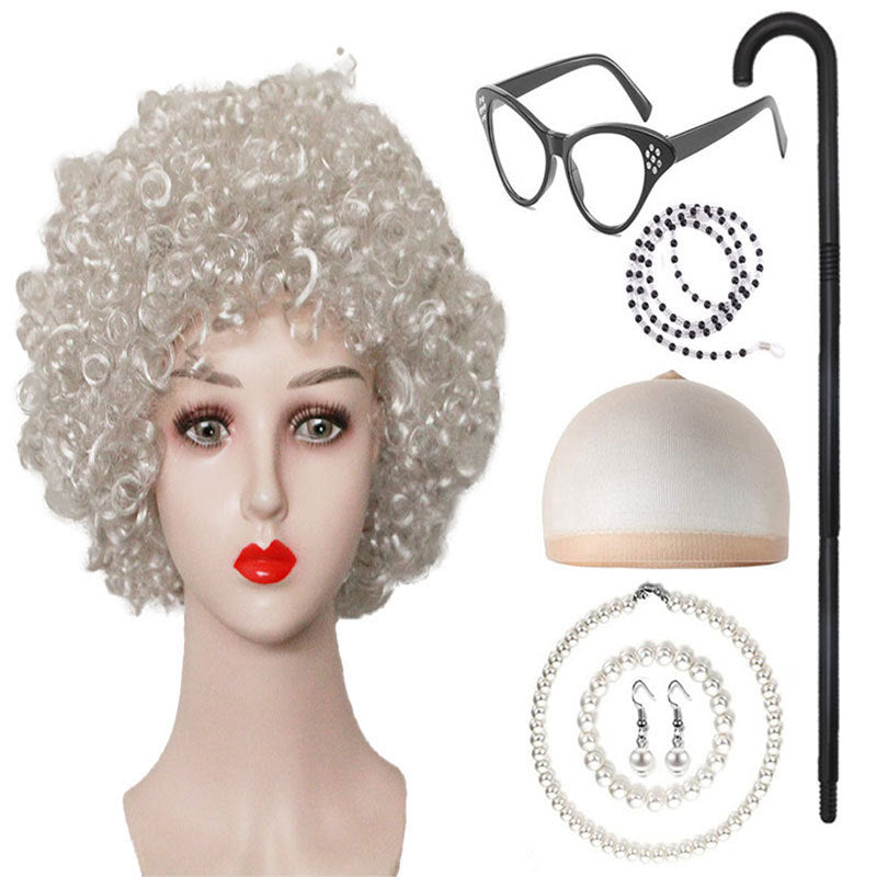 Grandma Curly Hair Gray Grandpa Wig Suit