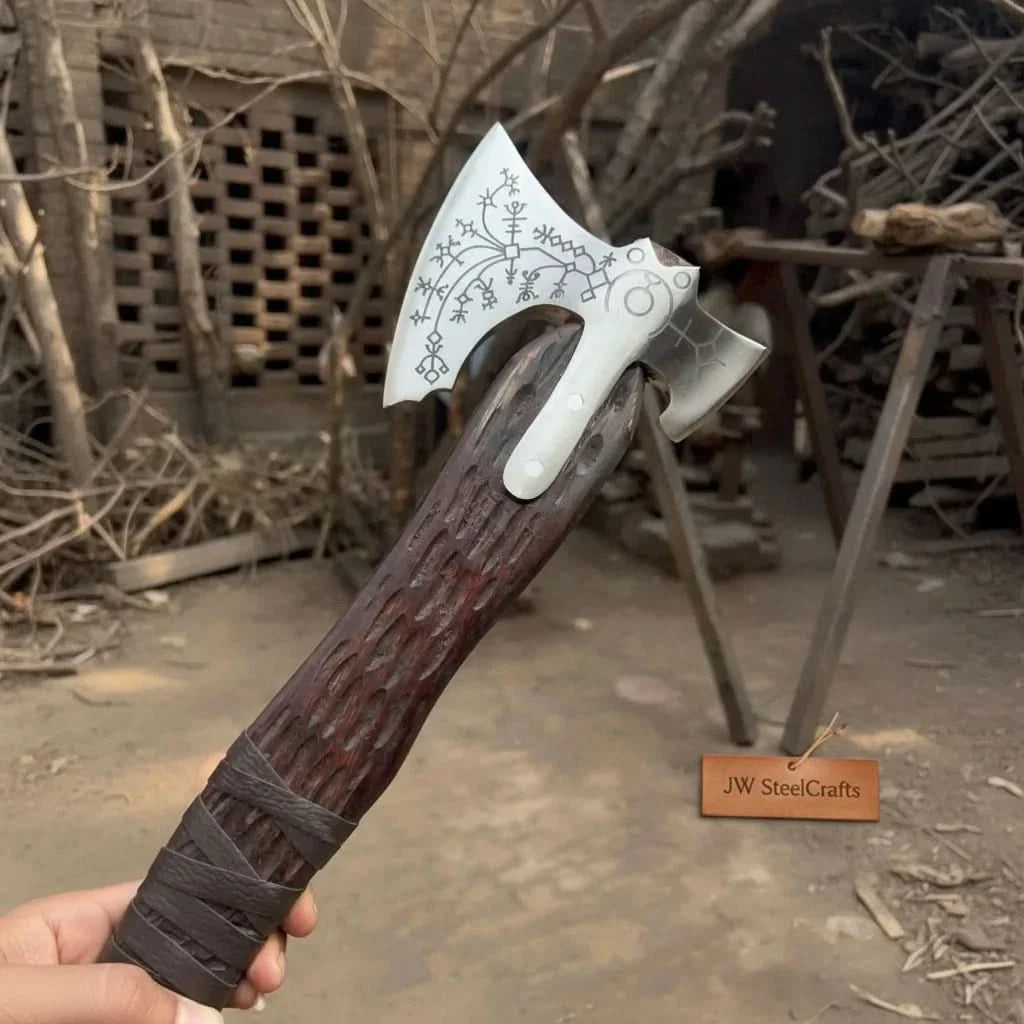 Hand Engraved Viking Double-Bit Axe with Carved Hardwood Handle and Norse Rune Detailing | Handmade Damascus Steel Collector Axe | JW SteelCrafts