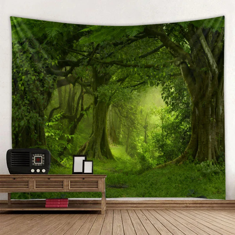 Green jungle tapestry beautiful natural forest large wall hanging hippie bohemian mandala wall art home decoration 8 sizes