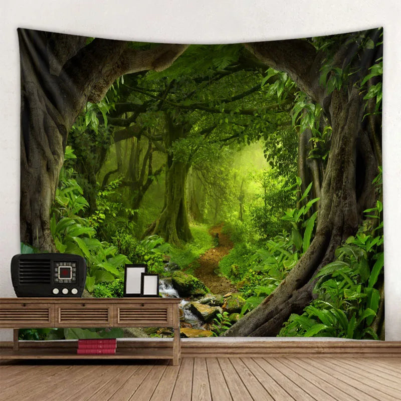 Green jungle tapestry beautiful natural forest large wall hanging hippie bohemian mandala wall art home decoration 8 sizes