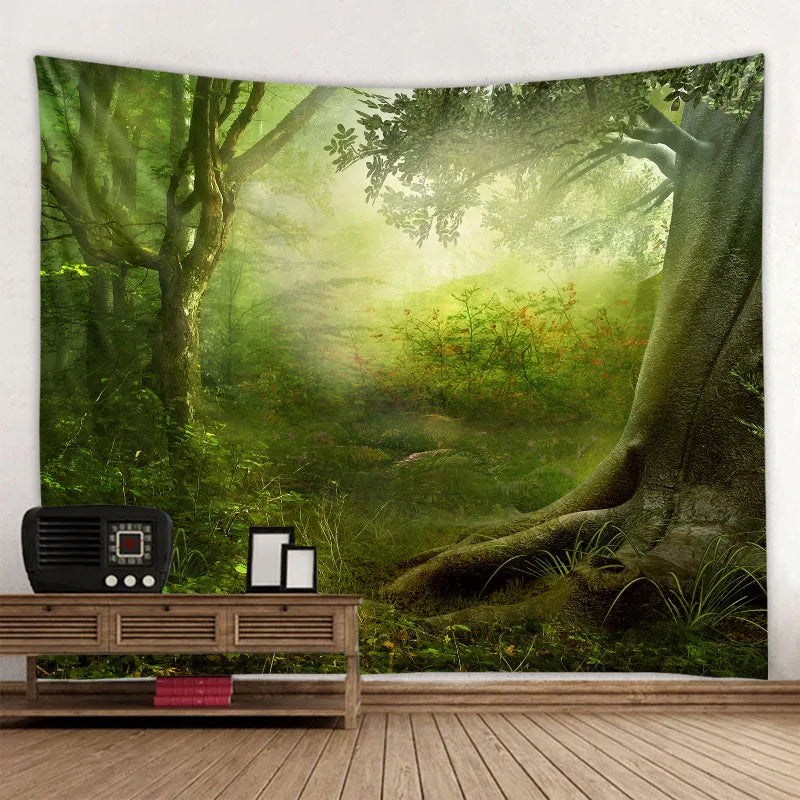 Green jungle tapestry beautiful natural forest large wall hanging hippie bohemian mandala wall art home decoration 8 sizes