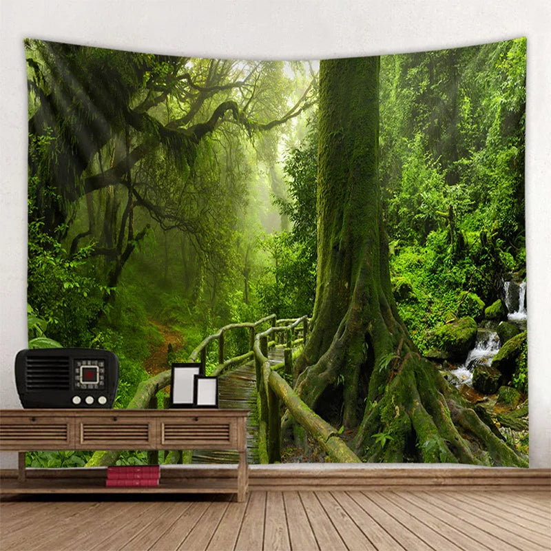 Green jungle tapestry beautiful natural forest large wall hanging hippie bohemian mandala wall art home decoration 8 sizes