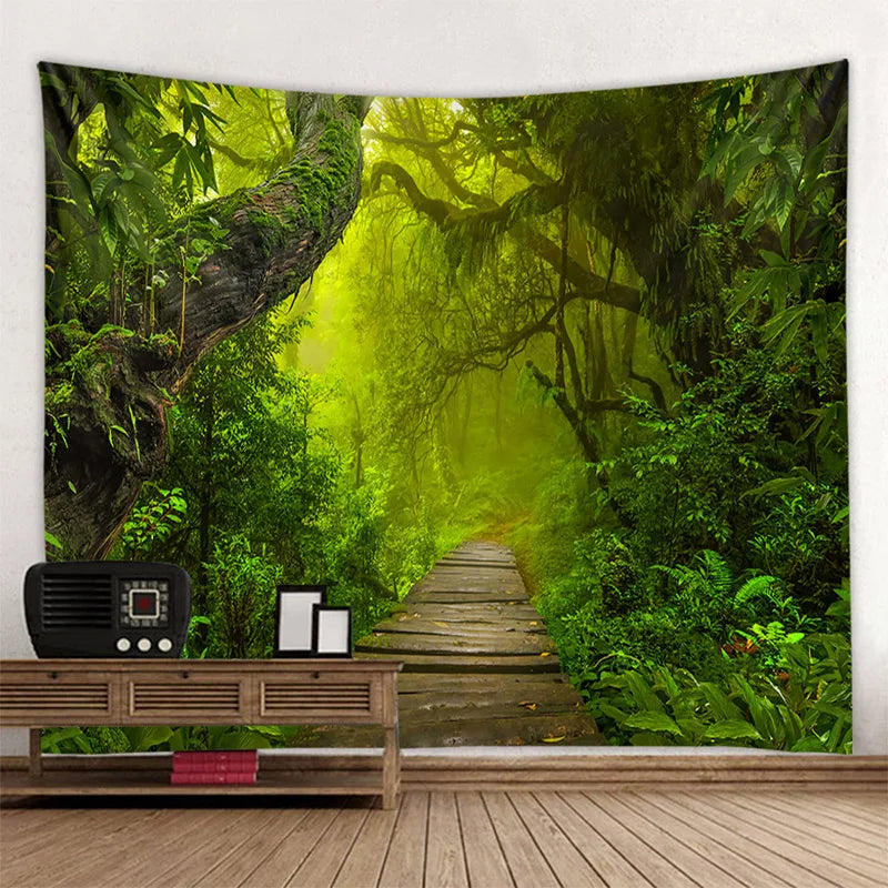 Green jungle tapestry beautiful natural forest large wall hanging hippie bohemian mandala wall art home decoration 8 sizes