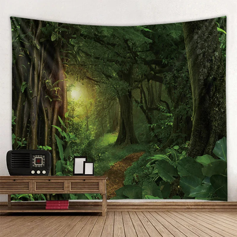 Green jungle tapestry beautiful natural forest large wall hanging hippie bohemian mandala wall art home decoration 8 sizes