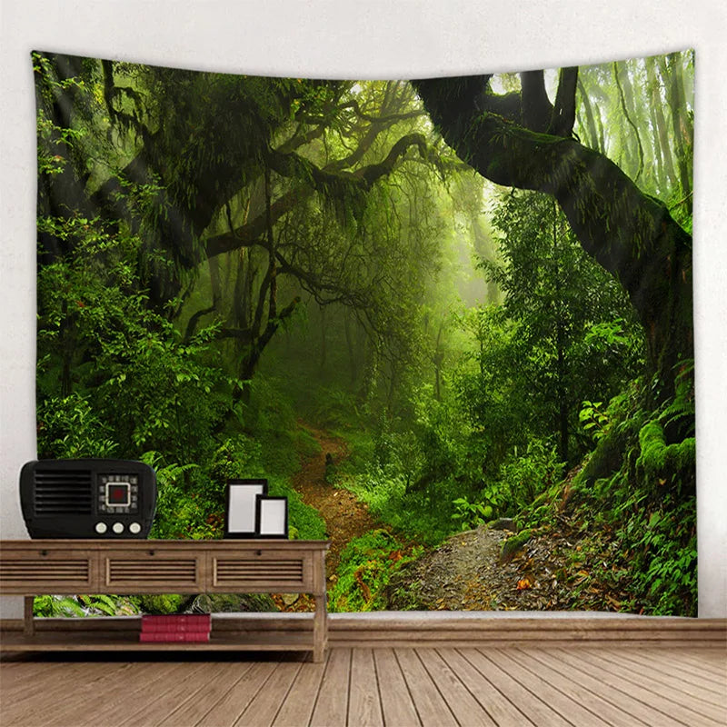 Green jungle tapestry beautiful natural forest large wall hanging hippie bohemian mandala wall art home decoration 8 sizes