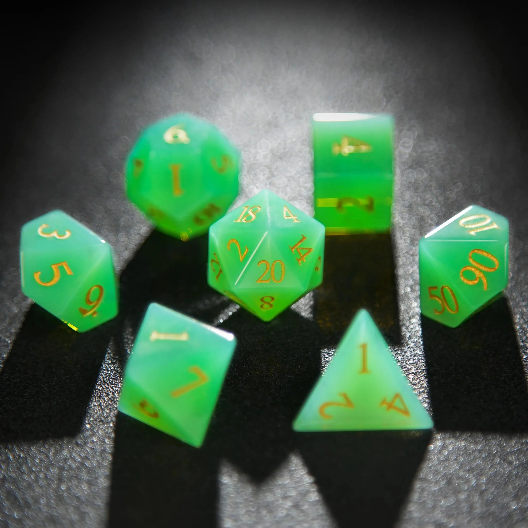 Green Opal D&D Gemstone Dice Set + Gold Numbers