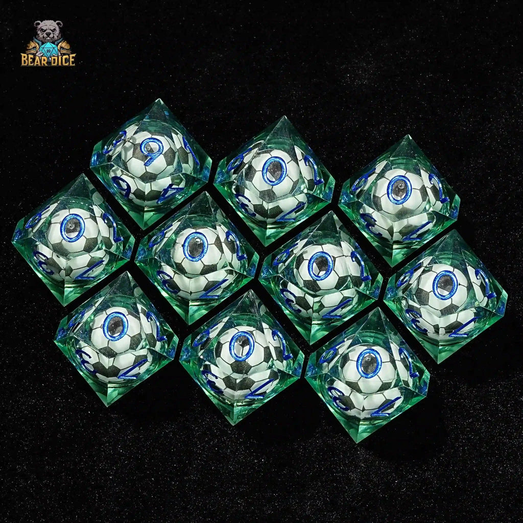 Green transparent resin D10 dice: liquid core soccer ball 10 sided dice