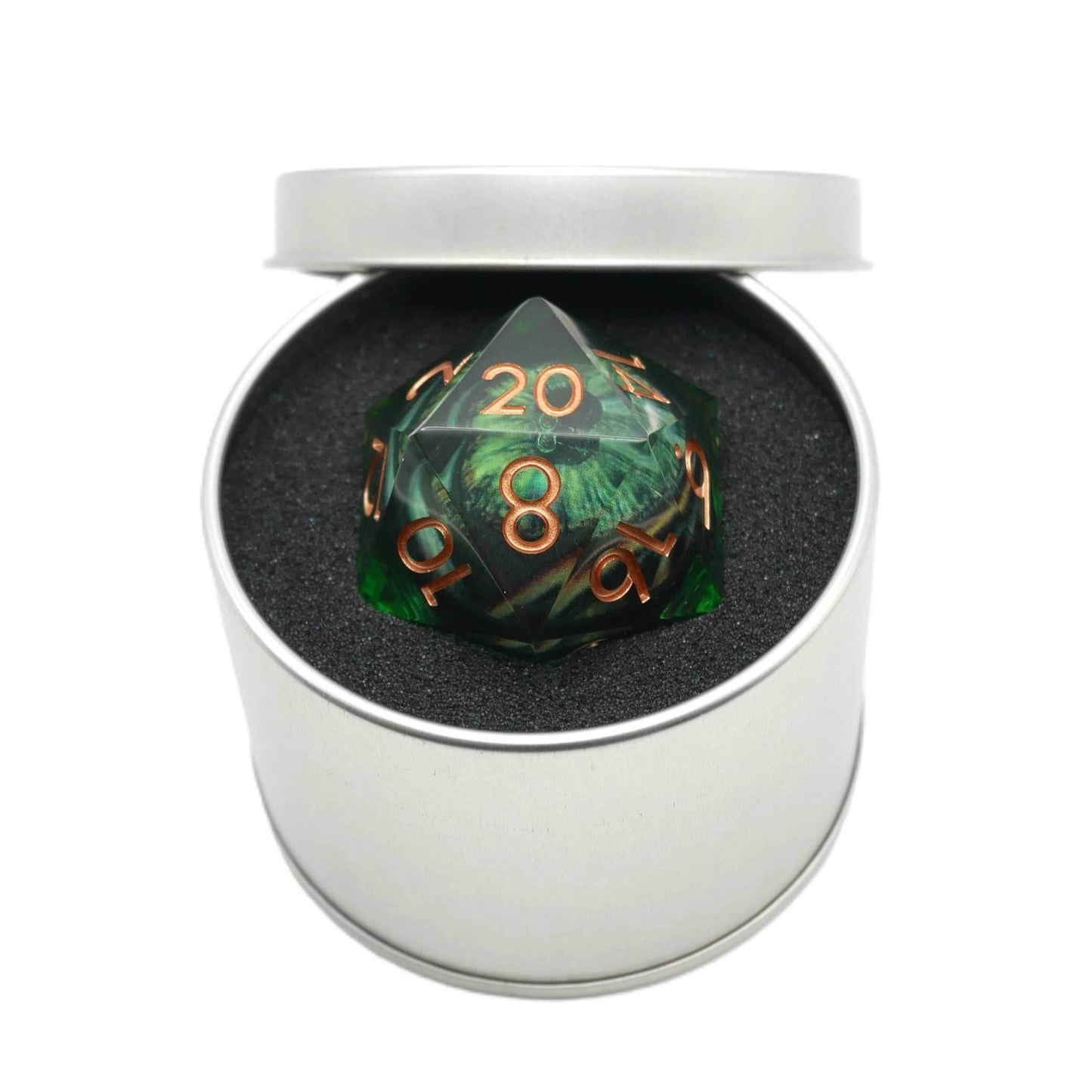 Green Slaadi's Eye - Giant D20 Moving Eye DnD Dice | Acrylic RPG Gaming Dice - 50mm Super Chonk