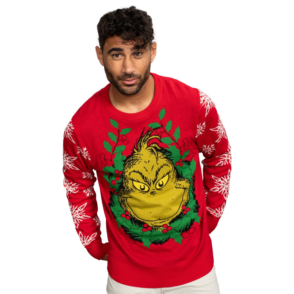 Grinch Head Santa Hat Wreath Sweater
