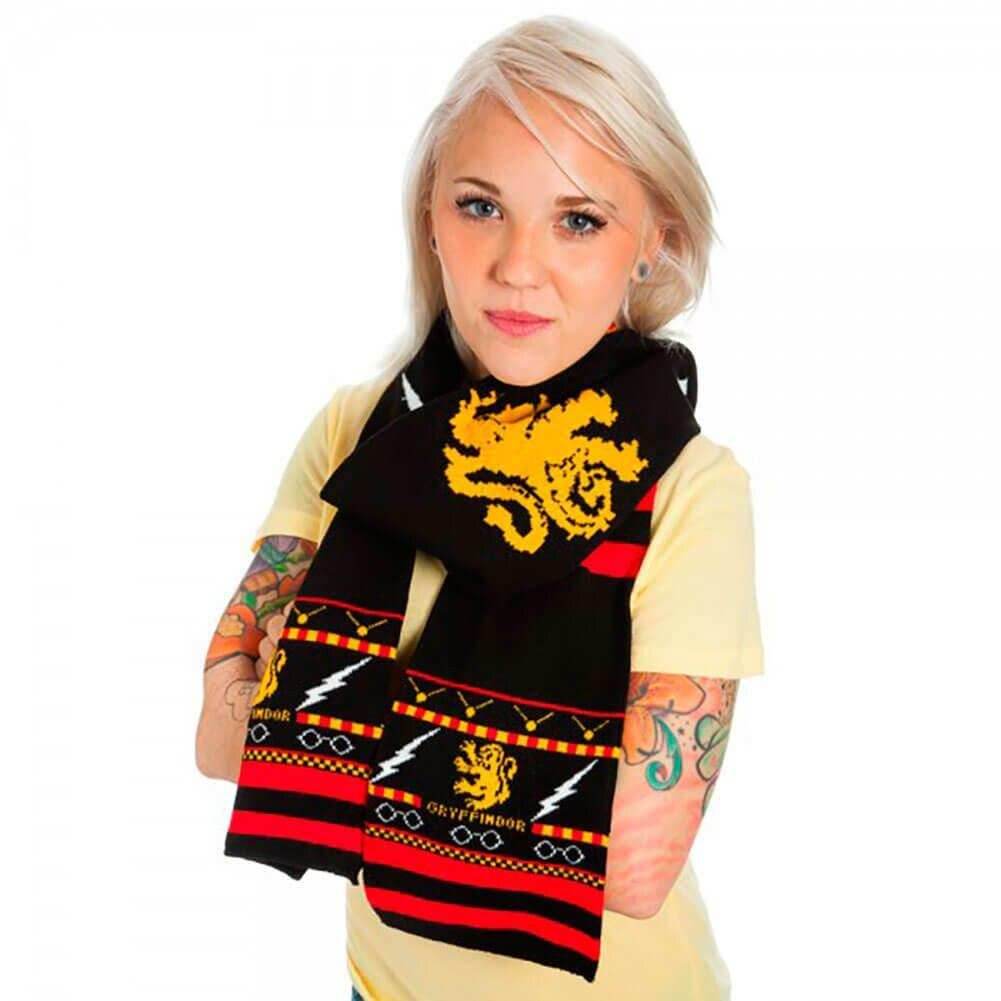 Gryffindor Symbols & Pattern Fair Isle Knit Scarf - 