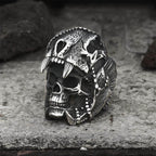 Aztec Jaguar Warrior Stainless Steel Skull Ring - Silver / 7