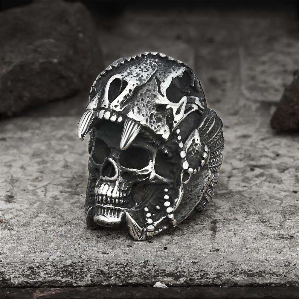 Aztec Jaguar Warrior Stainless Steel Skull Ring - Silver / 7