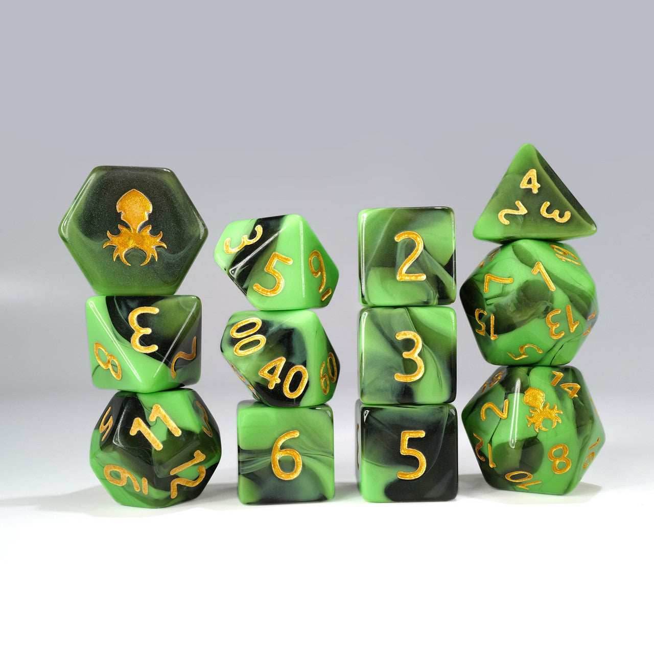 Kraken Dice 12pc Gummi Polyhedral Dice Set - Green and Black