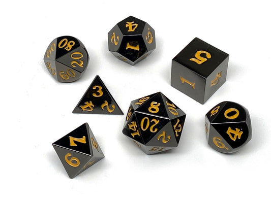 Gun Metal 7 Piece Dice Set - Signature Font - Gold