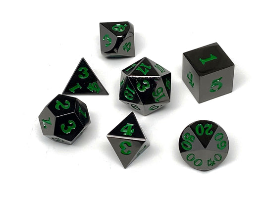 Gun Metal 7 Piece Dice Set - Signature Font - Green